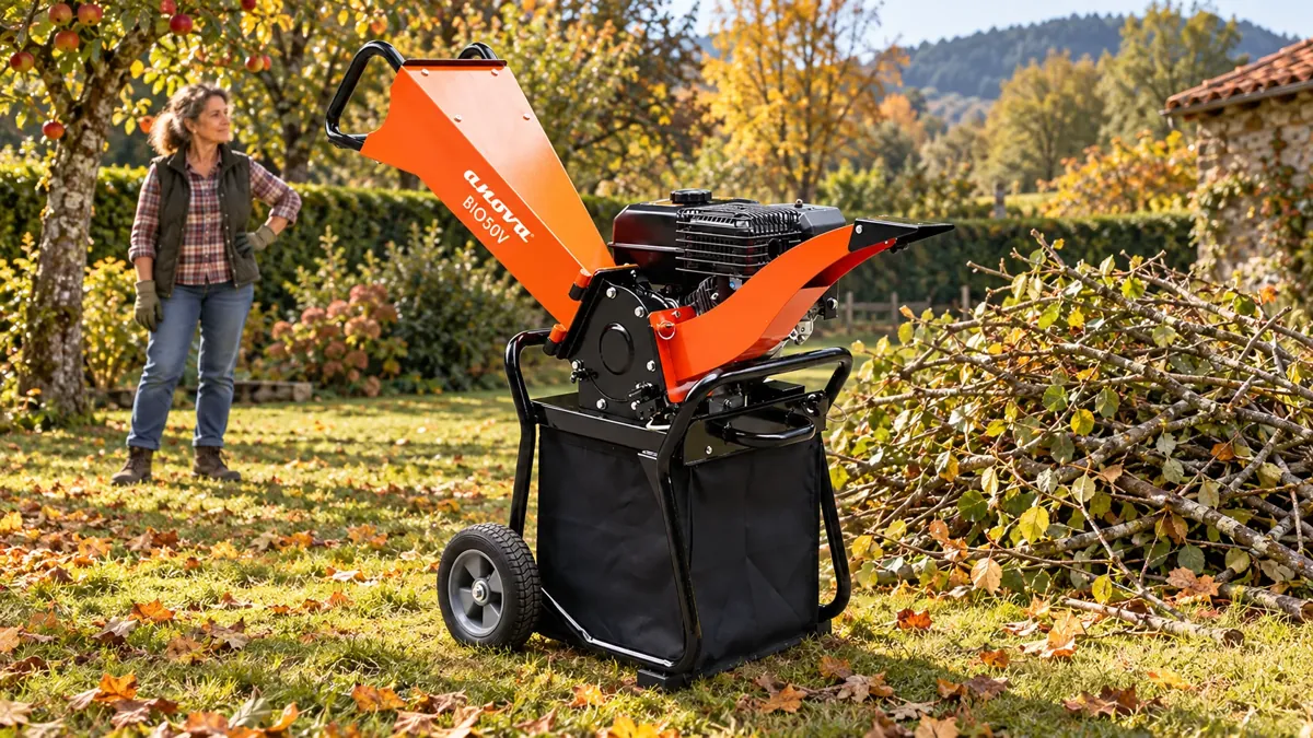 Biotrituradora Anova BIO50V junto a un montón de ramas y una persona en un jardín de otoño