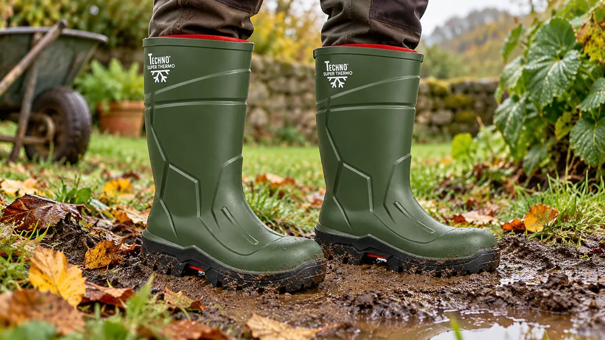 Botas verdes TechnoBoots Super Thermo completas, puestas en un jardín húmedo de otoño