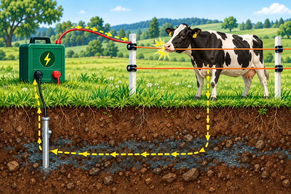 El circuito de un pastor eléctrico: del pastor a la cerca, de la cerca a la vaca, de la vaca al suelo y por la pica de tierra de vuelta al pastor.