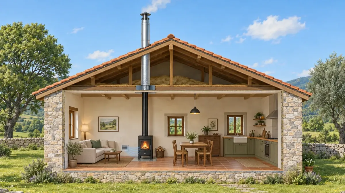 Una casa en corte: la estufa sobre su placa, el tubo negro que sube recto hasta el techo, el tubo aislado que atraviesa el tejado y sale por encima de la cumbrera con su sombrerete, y una rejilla por la que entra aire.