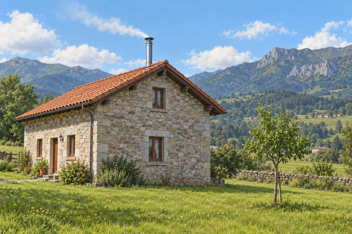 Una casa de piedra con la chimenea saliendo claramente por encima de la cumbrera, con su sombrerete, y un árbol cercano más bajo que la boca.